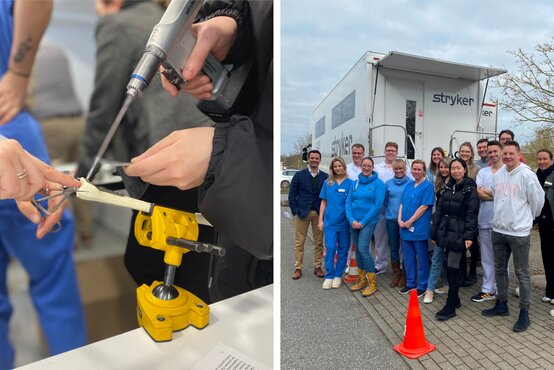 Links führen Personen mit medizinischem Werkzeug einen Bohrversuch an einem Modell durch, rechts steht eine Gruppe vor einem Stryker-Truck