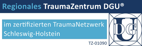 Logo mit Aufschrift „Regionales TraumaZentrum DGU® im zertifizierten TraumaNetzwerk Schleswig-Holstein“, DGU-Logo und Kennzeichnung „TZ-01090“