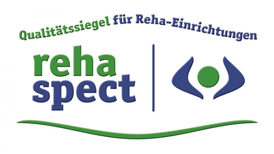 Qualitätssiegel „Reha-SPECT“ auf weißem Hintergrund mit blauem und grünem Logo, Text „Qualitätssiegel für Reha-Einrichtungen“