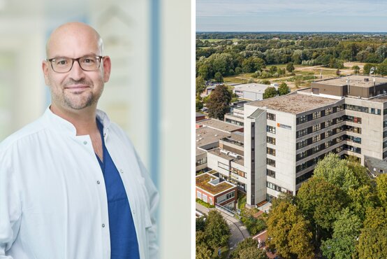 Collage: Porträt eines Arztes im weißen Kittel und Luftaufnahme eines modernen Klinikgebäudes im Grünen