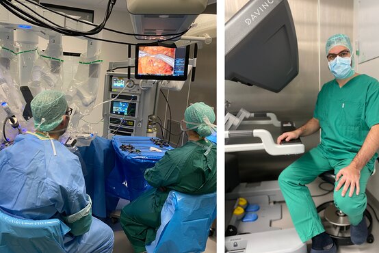 Medizinische Experten bedienen Da Vinci Operationsroboter bei minimal-invasiver OP, Chirurg steuert Roboter an Konsole