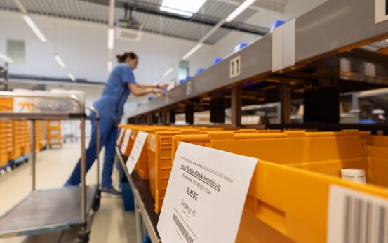 Mitarbeiterin sortiert Medikamente im Lagerbereich der REN Apotheke, effiziente Arbeitsorganisation