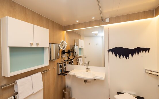 Patienten Badezimmer der Schön Klinik Vogtareuth mit Haltegriffen, Naturwandbild und Holzmöbeln in heller Atmosphäre