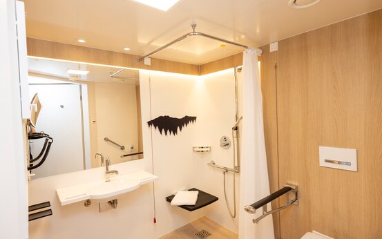 Barrierefreies, helles Badezimmer der Schön Klinik Vogtareuth mit bodengleicher Dusche, klappbarem Sitz, Haltegriffen und Waschbecken