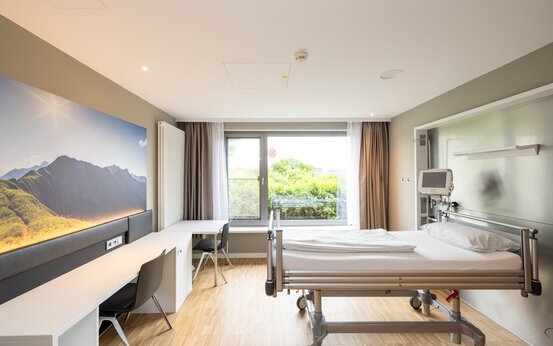 Modernes, helles Komfort-Patientenzimmer mit Pflegebett, großem Fenster, Bergfototapete und Schreibtisch