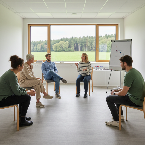 KI-generiert: Fünf Personen im Stuhlkreis bei Gruppentherapie – heller Seminarraum mit Blick ins Grüne. 