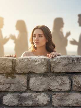 KI-generiert: Junge Frau hinter Steinmauer, im Hintergrund verschwommene Personengruppen – symbolisiert Isolation bei chronischer Depression. 