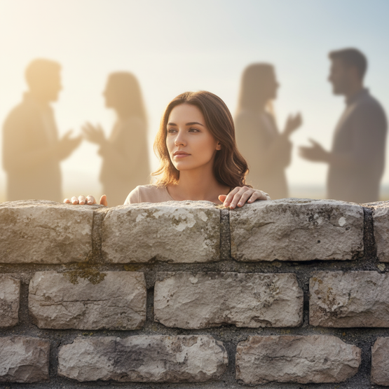 KI-generiert: Junge Frau hinter Steinmauer, im Hintergrund verschwommene Personengruppen – symbolisiert Isolation bei chronischer Depression. 