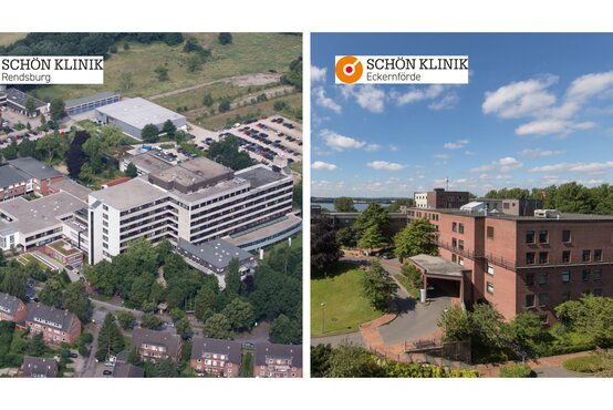 Collage aus zwei Fotos: links Luftaufnahme der Schön Klinik Rendsburg mit Gebäudekomplex, rechts Schön Klinik Eckernförde mit rotem Gebäude