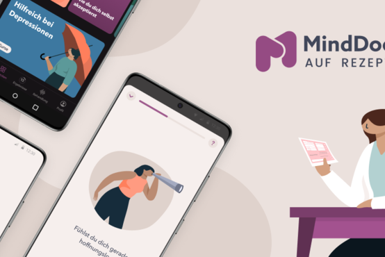 Drei Smartphones mit MindDoc-App, gezeichnete Frau mit Dokument, MindDoc-Logo und Schriftzug „Auf Rezept“