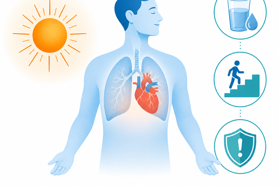 Infografik: Herzgesundheit durch Wasser, Sport, Sonnenlicht und Prävention