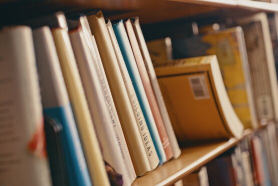 Nahaufnahme eines Bücherregals mit verschiedenfarbigen Büchern, ein Buch liegt quer