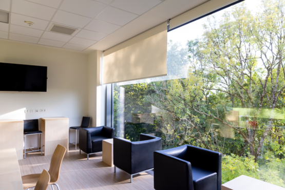 Heller Warteraum mit schwarzen Sesseln, Holzstühlen, großem Fenster, teilweisem Rollo und Blick ins Grüne