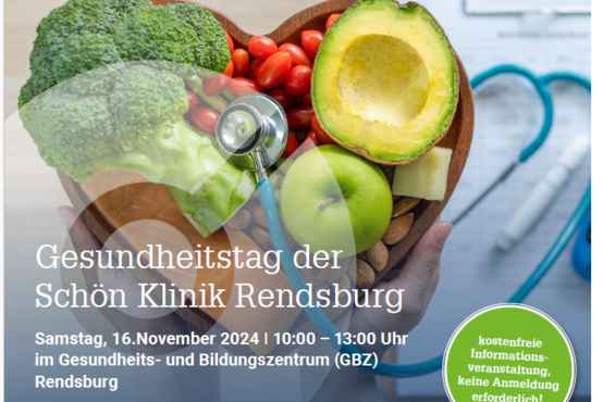 Herzförmige Holzschale mit Gemüse, Obst, Käse, Nüssen und Stethoskop, Infotext zum Gesundheitstag der Schön Klinik Rendsburg